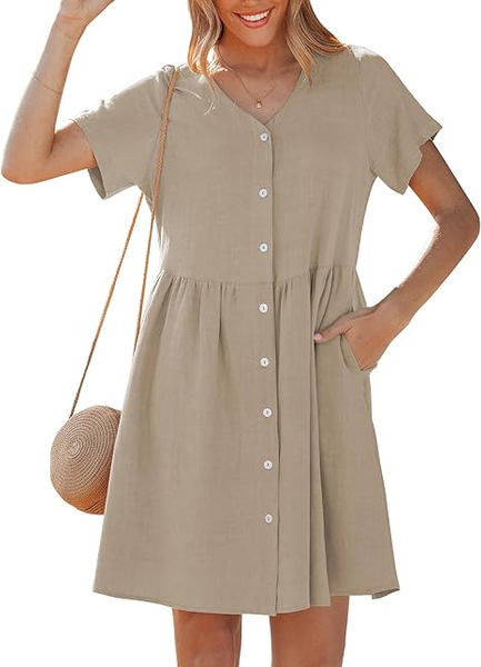 GRAPENT Linen Dresses for Women Casual Summer Babydoll Button Down Short Sleeve V Neck Above Knee Dress with Pockets