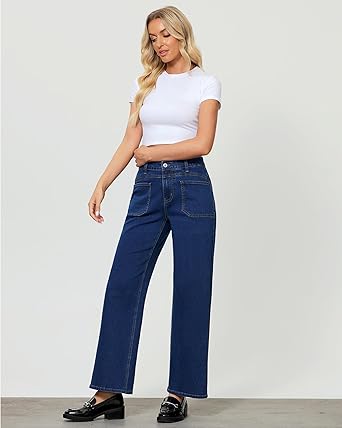 GRAPENT Wide Leg Jeans for Women Trendy High Waisted Loose Straight Leg Stretchy Retro Denim Pants with Pouch Pockets