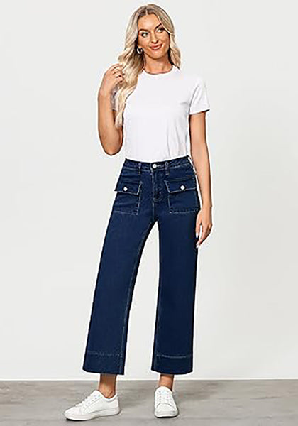 GRAPENT Wide Leg Jeans for Women Trendy High Waisted Straight Leg Cropped Stretchy Denim Pants with Retro Patch Pockets