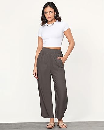 GRAPENT Linen Pants Women Wide Leg High Waisted Cropped Barrel Pull On Smocked Elastic Waist Summer Pants with Pockets