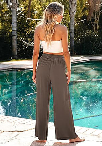 GRAPENT Wide Leg Pants Woman Linen High Waisted Pull On Flowy Casual Baggy Drawstring Palazzo Trousers Pants Resort Wear
