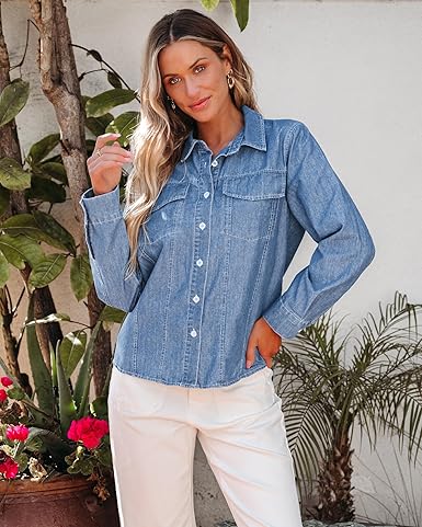 GRAPENT Women's Shirt Rugged Button Down Loose Durable Classic Fitted Denim Blouse Top