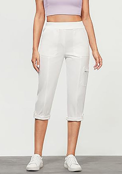 GRAPENT Capri Cargo Pants for Women High Waisted Pull On Elastic Waist Stretch Twill Fold Hem Capris Pants with Pockets