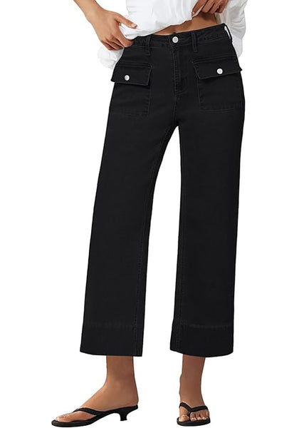 GRAPENT Wide Leg Jeans for Women Trendy High Waisted Straight Leg Cropped Stretchy Denim Pants with Retro Patch Pockets