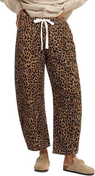GRAPENT Barrel Jeans for Women Trendy High Waisted Pull On Wide Leg Cropped Leopard Cheetah Print Stretchy Denim Pants