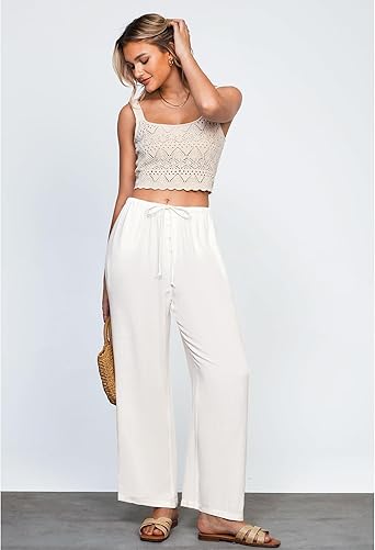 GRAPENT Linen Wide Leg Pants Woman High Waisted Pull On Button Drawstring Baggy Casual Summer Palazzo Pants with Pockets