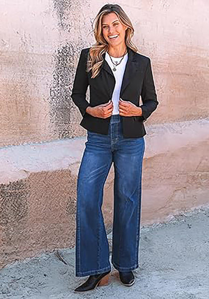 GRAPENT Pull On Womens Jeans Baggy Stretchy High Waisted Denim Wide Leg Trouser Pants Trendy Front Seam 90s Loose Jean