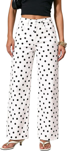 GRAPENT Wide Leg Jeans for Women High Waisted Polka Dot Stretch Denim Pants | Polka Dot, 90s Baggy Straight, High Rise, 29.5 Inch Inseam, Stretchy Jean Pants, Classic 5 Pockets, Business Casual Outfits
