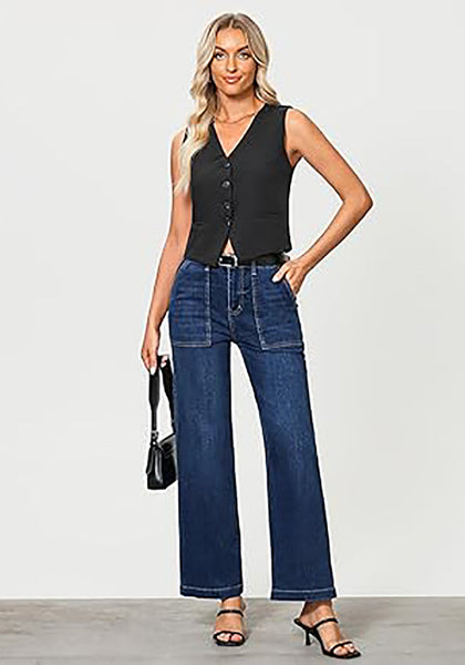 GRAPENT Jeans for Women High Waisted Straight Leg Jeans Stretchy Trendy Wide Leg Denim Pants Jean Trousers Patch Pockets