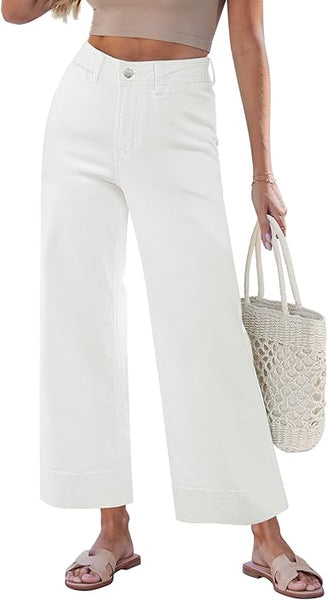 GRAPENT Wide Leg Jeans for Women Cropped Trendy High Waisted Welt Pocket Stretchy Denim Pants Distressed Trouser Jeans