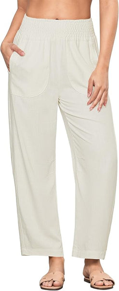 GRAPENT Linen Pants Women Wide Leg High Waisted Cropped Barrel Pull On Smocked Elastic Waist Summer Pants with Pockets