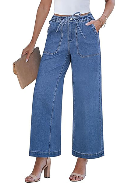 GRAPENT Wide Leg Jeans for Women Trendy High Waisted Drawstring Tie Elastic Waist Stretchy Denim Pants Trouser Jeans