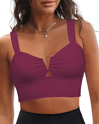 GRAPENT Bikini Tops for Women Cropped Tankini Tops Beach V Bar Padded Ruched Adjustable Strap Swimsuit Swim Top Only