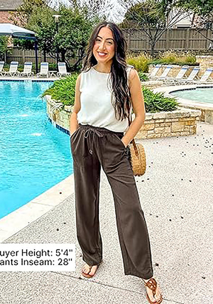 GRAPENT Linen Pants for Women Wide Leg High Waisted Baggy Drawstring Elastic Waist Palazzo Trousers Pants with Pockets