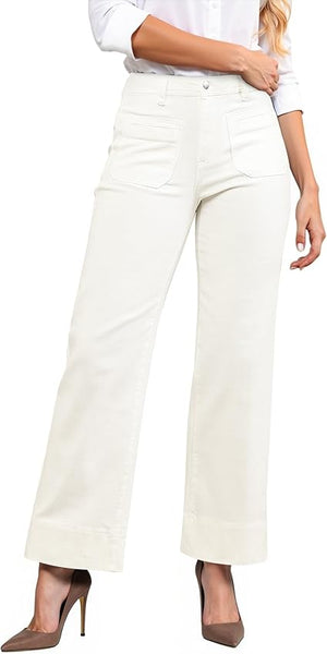 GRAPENT Wide Leg Jeans Woman Trendy High Waisted Patch Pocket Stretchy Denim Pants Vintage Casual Trouser Jeans