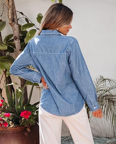 GRAPENT Women's Shirt Rugged Button Down Loose Durable Classic Fitted Denim Blouse Top