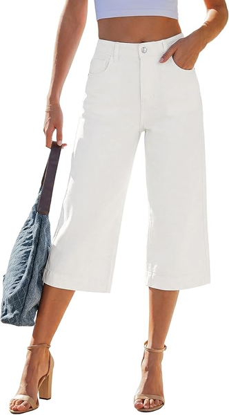 GRAPENT Capri Jeans for Women Wide Leg Trendy High Waisted Side Seam Stretchy Denim Capris Pants Summer Casual Jeans