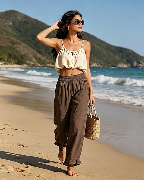 GRAPENT Linen Pants Women Wide Leg Ruffle Hem Pull On High Waisted Elastic Waist Cropped Ankle Casual Beach Summer Pants