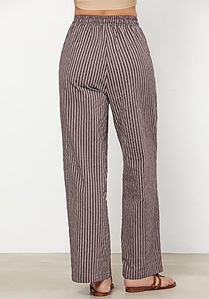 GRAPENT Striped Pants for Women High Waisted Wide Leg Cotton Linen Trendy Beach Pull on Elastic Waist Casual Flowy Pants