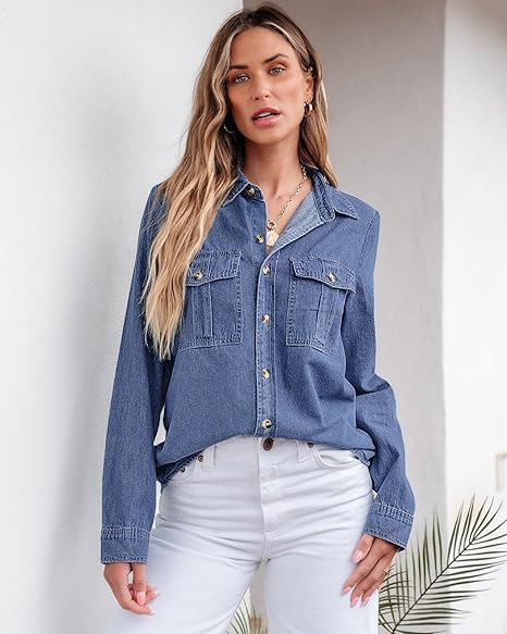 Grapent Women's Supima Cotton Wrinkle-free Relaxed Fit  Button Shirt Workwear-inspired Denim Shirt