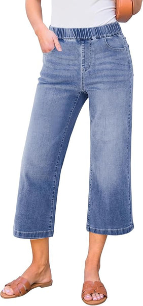 GRAPENT Capri Jeans for Women Wide Leg High Waisted Effortless Flow Pull On Stretchy Denim Elastic Waist Pants with Pockets