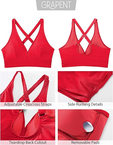 GRAPENT Bikini Top for Women V Neck Ruched Criss Cross Padded Beach Vacation Bathing Suit Modest Cute Swim Suit Top Only