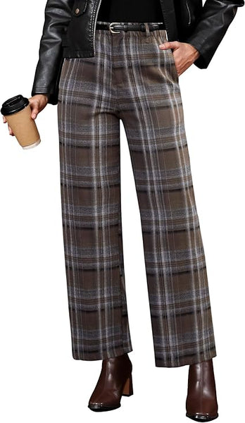 GRAPENT Plaid Pants for Women Wide Leg High Waisted Tartan Work Business Casual Elastic Waist Trousers Pants with Pocket