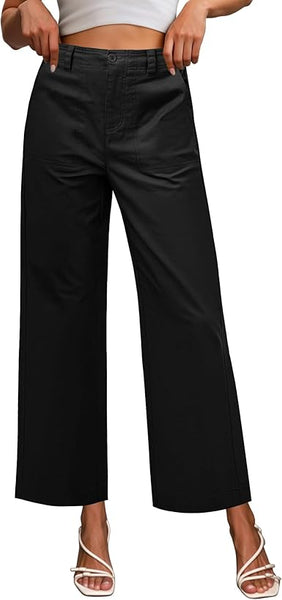 GRAPENT Wide Leg Pants for Women Cropped Chino High Waisted Business Casual Elastic Waist Work Trouser Pants with Pocket