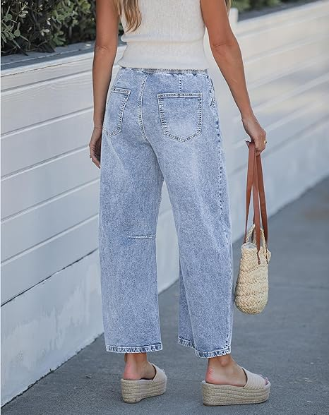 GRAPENT Barrel Jeans for Women Trendy High Waisted Cropped Baggy Wide Leg Pull On Elastic Waist Stretchy Denim Pants
