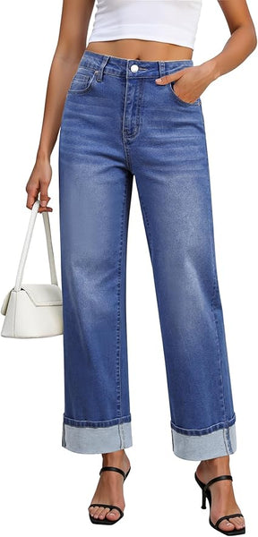 GRAPENT Wide Leg Jeans for Women Trendy High Waisted Cuffed Hem Stretchy Denim Trousers Pants Work Casual Jeans