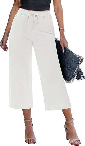 GRAPENT Capris Jeans for Women Trendy Wide Leg Capri Pants High Waisted Pull On Elastic Waist Summer Stretch Denim Jeans