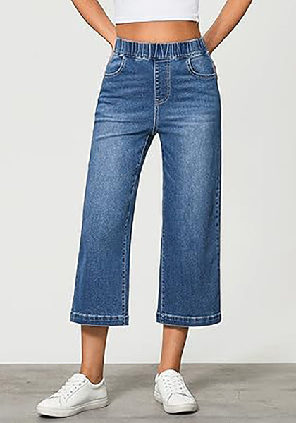 GRAPENT Capri Jeans for Women Wide Leg High Waisted Effortless Flow Pull On Stretchy Denim Elastic Waist Pants with Pockets