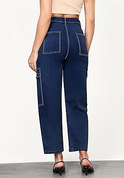 GRAPENT Barrel Jeans for Women Trendy High Waisted Cropped Cargo Pocket Baggy Stretch Denim Pants Wide Leg Tapered Jeans