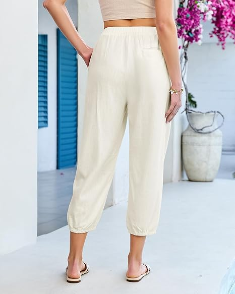 GRAPENT Capri Pants for Women Linen Barrel High Waisted Pull On Elastic Waist Casual Summer Capris Beach Vacation Pants