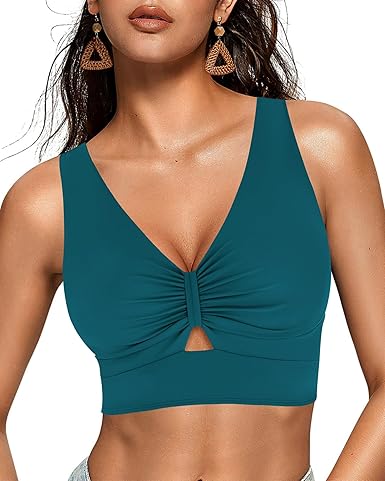 GRAPENT StrapCore Bikini Tops for Women Cropped Tankini Tops Beach Ruched Knot Cut Out Padded Adjustable Swimwear Swim Top Only