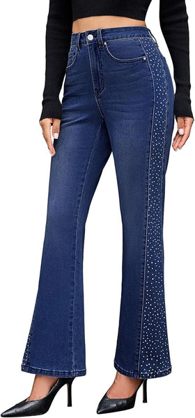 GRAPENT Flare Jeans for Women High Waisted Trendy Wide Leg Embellished Rhinestone Sparkly Concert Stretchy Denim Pants
