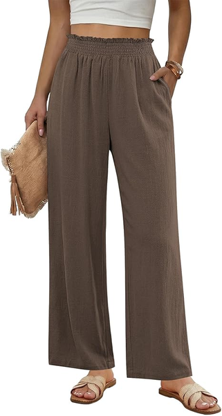 GRAPENT Linen Pants for Women Wide Leg High Waisted Paper Bag Smocked Waist Casual Summer Beach Vacation Palazzo Pants