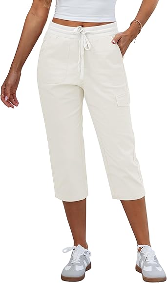 GRAPENT Capri Pants for Women Cargo Elastic Waist Pull On Drawstring Summer Casual Capris Cotton Chino Cropped Pants