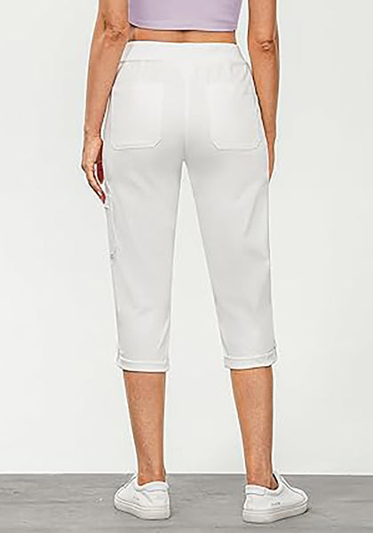 GRAPENT Capri Cargo Pants for Women High Waisted Pull On Elastic Waist Stretch Twill Fold Hem Capris Pants with Pockets