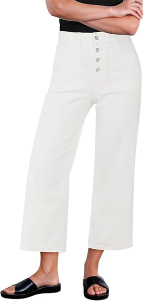 GRAPENT Wide Leg Jeans for Women Cropped Trendy High Waisted Button Fly Loose Straight Leg Stretchy Denim Trouser Jeans