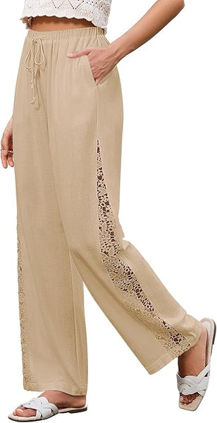 GRAPENT Linen Pants Women Wide Leg High Waisted Crochet Panel Pull On Elastic Waist Casual Summer Beach Vacation Pants