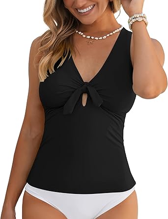 GRAPENT StrapCore Tankini Tops for Women Knotted Keyhole Padded Adjustable Bathing Suit Modest Swimsuit Swimwear Swim Top Only