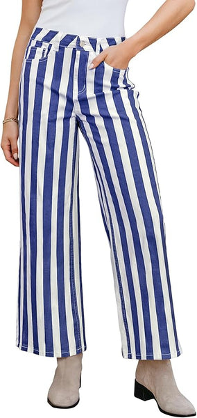GRAPENT Women Jeans Striped Wide Leg High Waisted Trendy Stretchy Denim Pants Cute Casual Trouser Jeans with Pockets