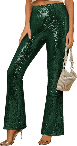 GRAPENT Sequin Pants for Women Flare High Waisted Pull On Elastic Waist Party Club Night Out Dance Stretch Sparkly Pants