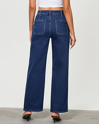 GRAPENT Wide Leg Jeans for Women Trendy High Waisted Loose Straight Leg Stretchy Retro Denim Pants with Pouch Pockets