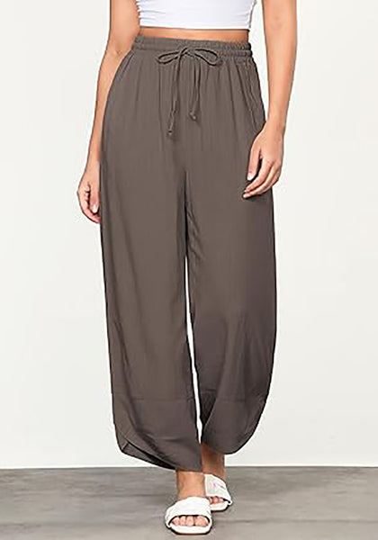 GRAPENT Linen Pants Women High Waisted Wide Leg Casual Beach Pull On Elastic Waist Summer Cropped Pants with Pockets