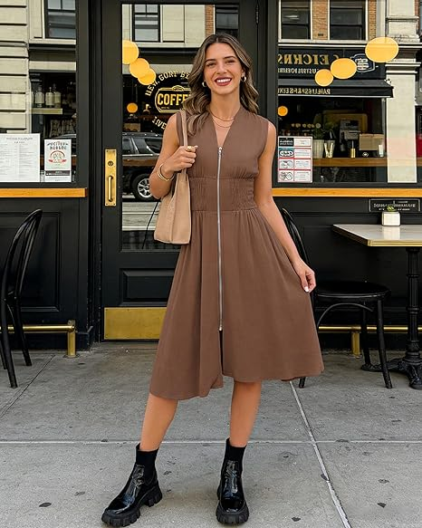 GRAPENT Linen Dresses for Women Summer Casual Flowy V Neck Sleeveless Smocked Zip Beach Vacation Midi Dress with Pockets