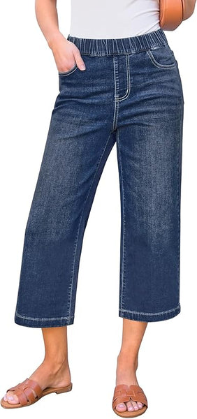GRAPENT Capri Jeans for Women Wide Leg High Waisted Effortless Flow Pull On Stretchy Denim Elastic Waist Pants with Pockets