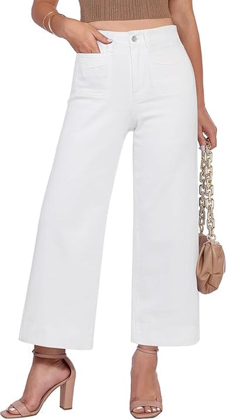 GRAPENT Cropped Jeans for Women Trendy 2026 Wide Leg High Waisted Patch Pocket Stretchy Denim Pants Short Trouser Jeans