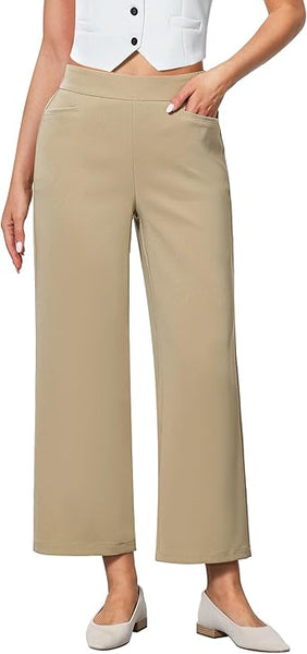 GRAPENT Cropped Pants for Women Trendy Business Casual High Waisted Pull On Wide Leg Stretchy Dress Pants with Pockets